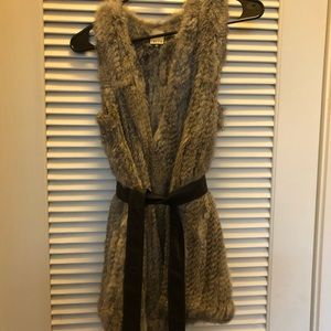 Ecru rabbit fur vest with optional leather tie